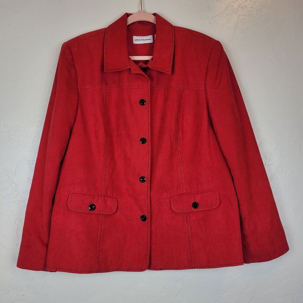 Alfred Dunner Womens Red Faux Suede Jacket Sz 16 Button Front Lined Blazer